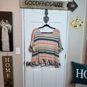 Cato Striped Babydoll Blouse Ruffled Bell sleeves Large